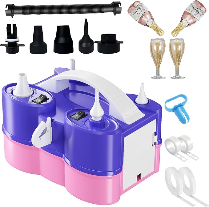 3-in-1 Electric Balloon Pump with Champagne Bottle Balloons, 3-in-1 Electric Balloon Pump, Portable Electric Air Pump for All Balloons Inflatables Dual Nozzle Balloon Blower Machine