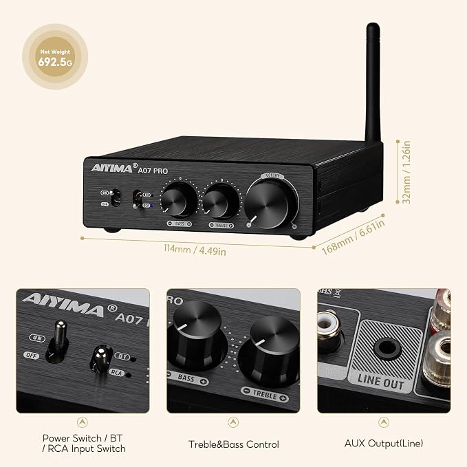 AIYIMA A07 Pro TPA3255 Stereo Amplifier Bluetooth 5.2 300Wx2 HiFi Class D Amp 2.0/2.1 Channel Audio Power Amp for Home Audio Speaker with Bass Treble knobs& 3.5mm Line Output,Supports 24-48V | Aluminum desktop receiver with bass/treble tone controls.St...