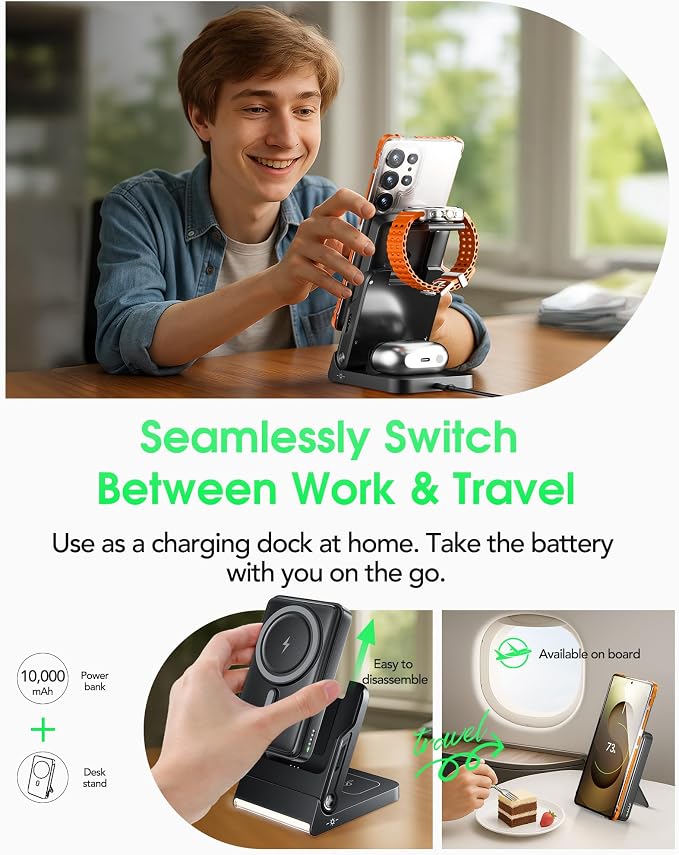 Foldable Charging Station for Samsung,5 in 1 Magnetic Wireless Charger 10000mAh Detachable Portable Power Bank Nightstand for Galaxy S26 Ultra/S26+/S26/S25/Z Fold/Flip 7/S25/S24/S23,Galaxy Watch8,Buds
