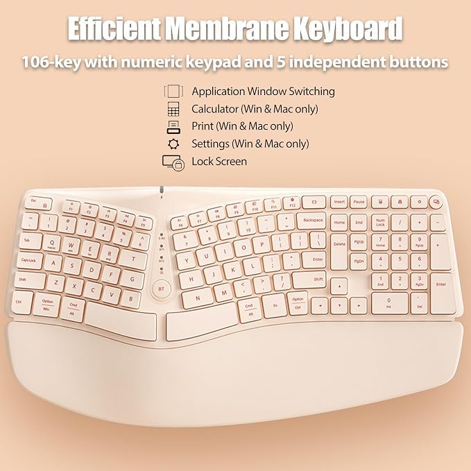 Bow Split Ergonomic Keyboard Wireless with Cushioned Wrist & Palm Rest, Wireless 2.4G/Bluetooth/Wired USB-C, Comfortable Natural Typing, Compatible with Windows/Mac/PC/Laptop, Milk Tea