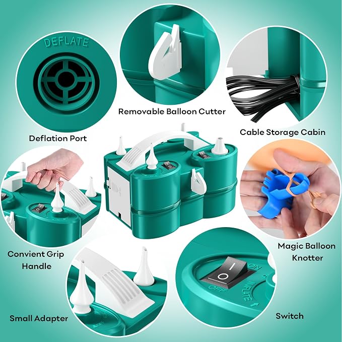 Biapian Balloon Pump Electric, 3-in-1 Portable Electric Air Pump for Balloons and Inflatables, Dual Nozzle Balloon Blower Machine for All Latex 260q Foil Balloon Inflator Deflator for Party Decoration