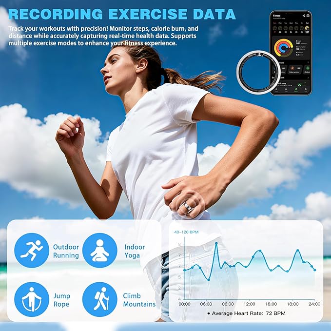 Smart Ring for Women Men, Health Fitness Tracker Ring, Sleep Monitoring with Charging Case, SpO2, Heart Rate, No Subscription Fee for iOS Android (Silver 7)