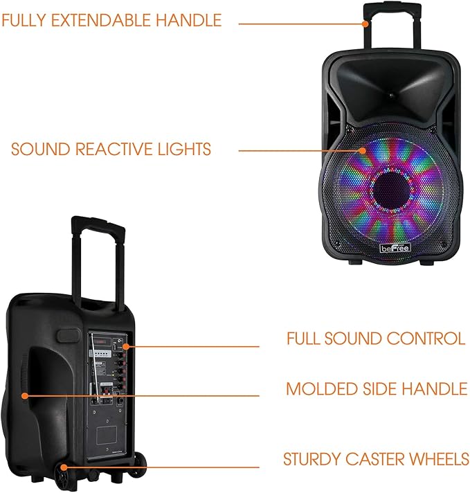 beFree Sound 12 Inch 2500 Watt Bluetooth Rechargeable Portable Party PA Speaker with Illuminating Lights,Black,BFS-12 Portable Speaker