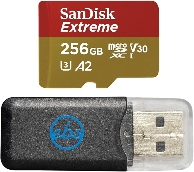 SanDisk 256GB Extreme MicroSDXC UHS-I Memory Card for DJI Drones Works with Avata and Goggles 2 (SDSQXAV-256G-GN6MN) Class 10 Bundle with 1 Everything But Stromboli Micro SD Card Reader