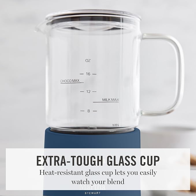 Martha Stewart Milk Frother and Steamer, 10oz/300ml Glass Cup, 4 Presets (Cold Foam, Light, Dense & Hot Chocolate), Ready in 90 Seconds, Cordless Pouring, One-Touch for Hot and Cold Milk, Indigo Blue