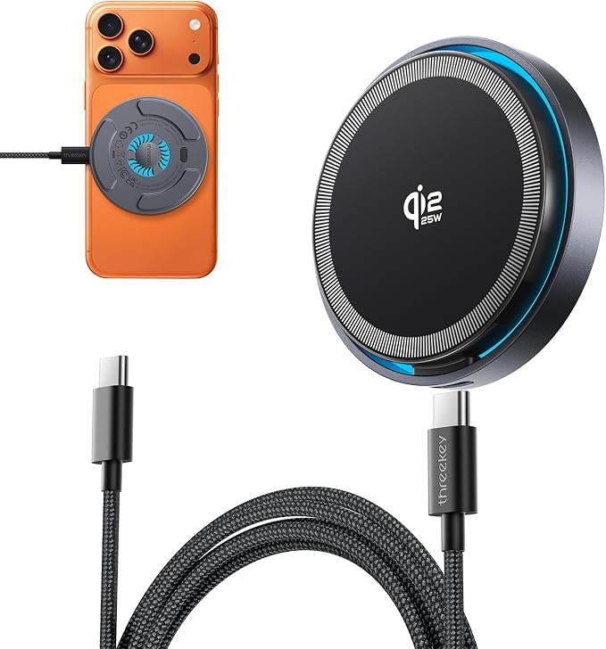 THREEKEY Qi2.2 Magnetic Wireless Charger: 25W Fast Charging Pad with Cooling Fan, Wireless Phone Charger with 6.6ft Cable for iPhone 17/16/15/14/13/12 Series(Adapter Not Included)