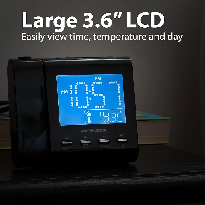 Magnasonic Projection Alarm Clock with AM/FM Radio, Battery Backup, Auto Time Set, Dual Alarm, Nap/Sleep Timer, Indoor Temperature/Date Display with Dimming & 3.5mm Audio Input - Black (EAAC601)