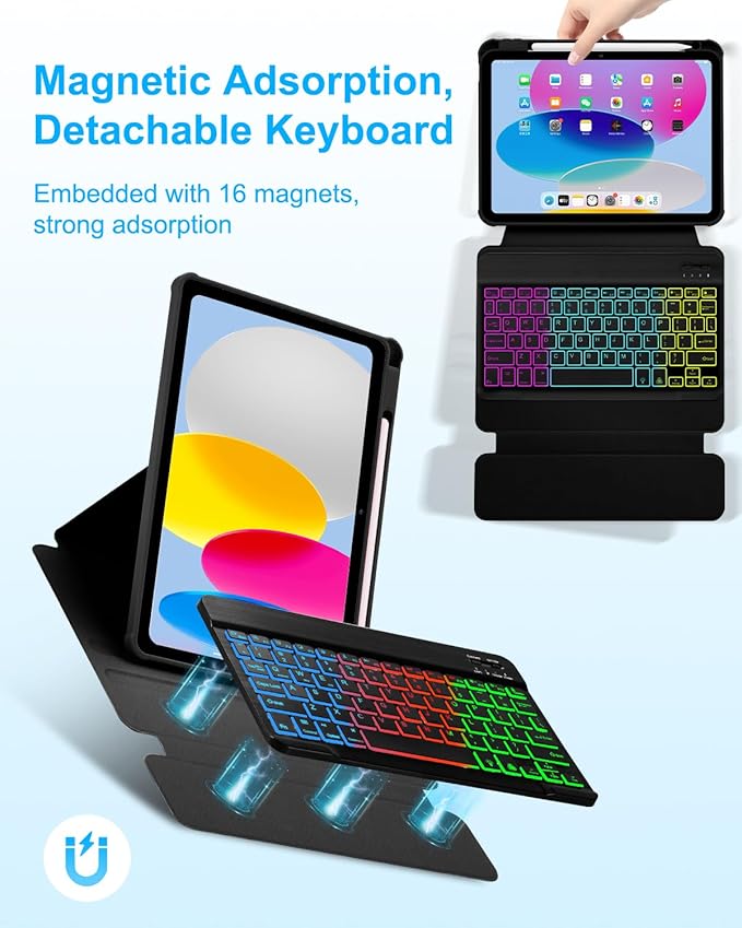 EAMPANG Case with Keyboard for iPad A16 11th 10th Generation 11/10.9 inch,Rainbow Backlit Detachable Keypad Rotatable Magnetic Cover with Pencil Holder for iPad 11 2025 10 Gen 2022 Black