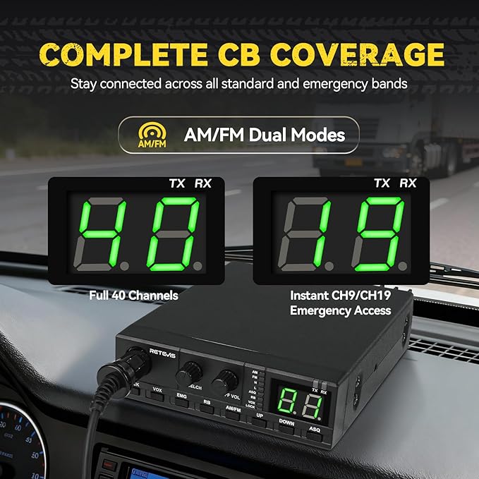 Retevis MB2 CB Radio, Professional AM/FM 40 Channels CB Base Station, 5W Mini External Speaker, Cigarette Lighter and Magnetic Antenna, Squelch ASQ, VOX, Auto-Scan, Long Range CB Radios for Truckers
