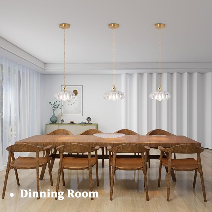 Shenmoyl Pendant Light with Clear Scindapsus Glass Lmapshade, Brass Vintage Pendant Light Adjustable Hanging Light for Kitchen Island Dining Room Hallway