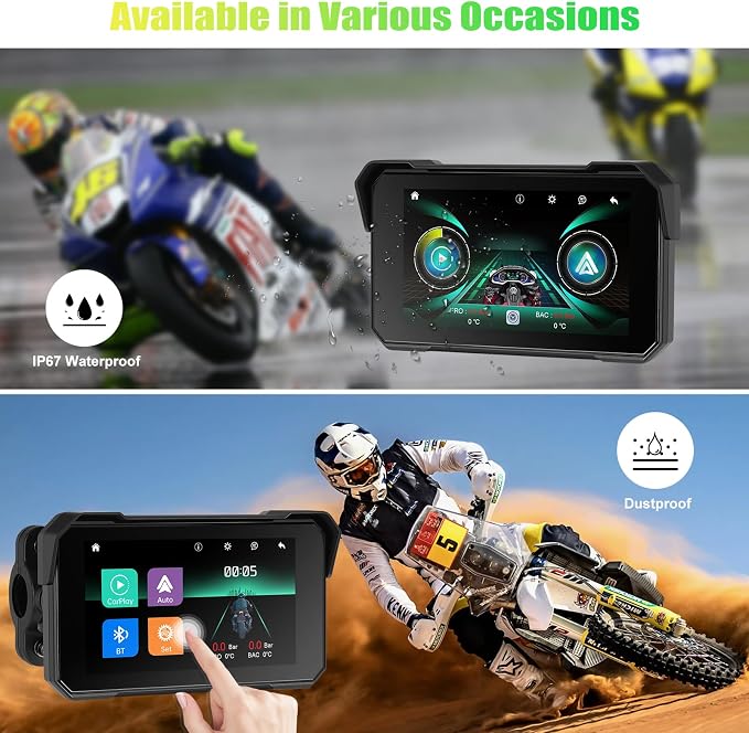 CAMECHO Motorcycle Carplay Screen, Wireless CarPlay Android Auto for Moto, 5" Waterproof Touchscreen Portable Car Stereo Support Dual Bluetooth, Siri, Google Assistant