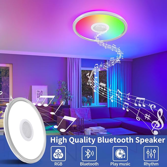 RGB LED Ceiling Light, with Bluetooth Speaker, 24W 12 Inch Smart Music Ceiling Lamp with App and Remote Control, 3000K-6500K Color Changing Lights Fixture for Child Bedroom Bathroom, Silver