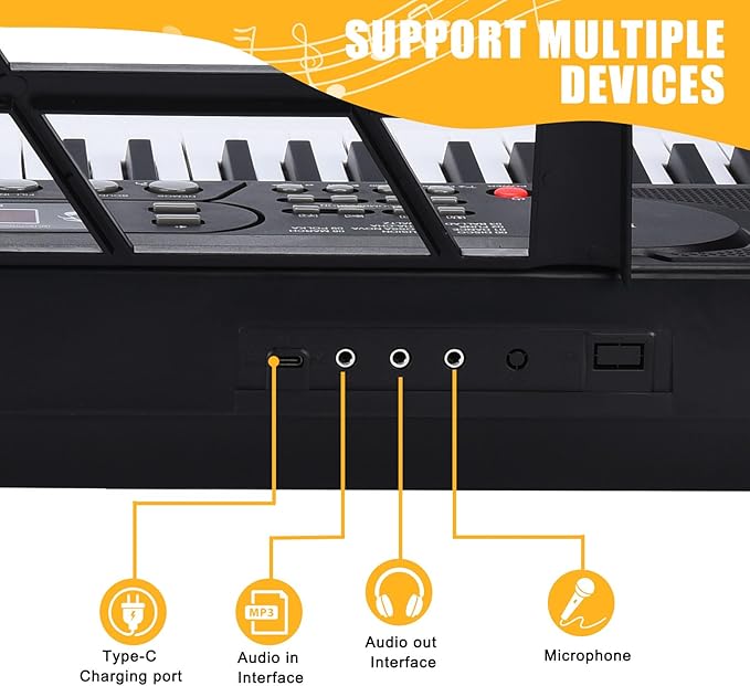 61 Key Portable Keyboard Piano with Stand, Electronic Keyboard Piano Kit, Microphone, Note Stickers, Music Rest, Digital Music Keyboard Built-In Speakers for Beginners