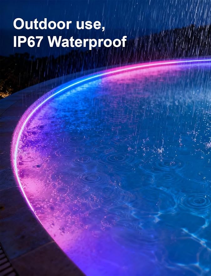 80ft/24m COB LED Strip Lights Outdoor, Smart RGB IC IP67 Waterproof Dimmable Color Changing Tape Light with App Remote Control & Music Sync, for Eave, Patio, Pool & Party Darden Decorations(2 Rolls)