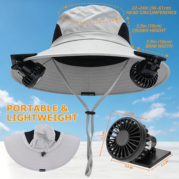 Wide Brim Sun Bucket Hat with 2 Solar Powered Fan for Men & Women | Waterproof & UPF 50+ Sun Protection Hat with Dual-Power Clip-On Cooling Fans for Outdoor Hiking Fishing Gardening