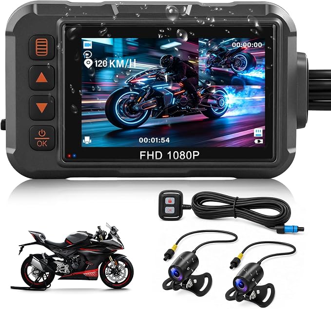 Motorcycle Dash Cam Dual HD Camera Front and Rear View,3" IPS Screen 1080P IP65 Waterproof 150° Wide Angle Sportbike Recording DVR with G-Sensor,Loop Recording,Night Vision,Parking Monitor