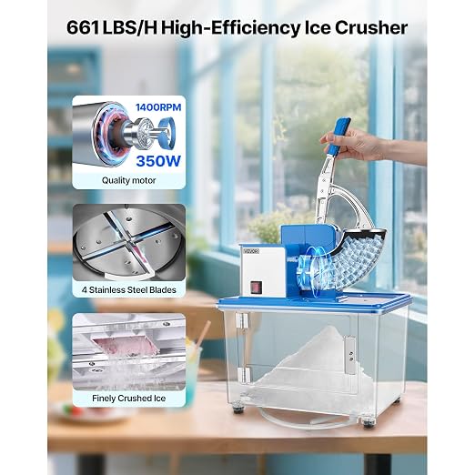 VEVOR 110V Commercial Ice Crusher 661LBS/H, ETL Approved 300W Electric Snow Cone Machine with Dual Blades, Stainless Steel Shaved Ice Machine with Safety On/Off Switch for Family, Restaurants, Bars
