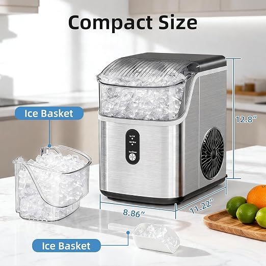 Nugget Ice Maker Countertop, Pebble Ice Machine with Soft Chewable Pellet Ice, 35Lbs/24H, Self-Cleaning, One-Click Operation for Kitchen, Office, Home, Stainless Steel Silver