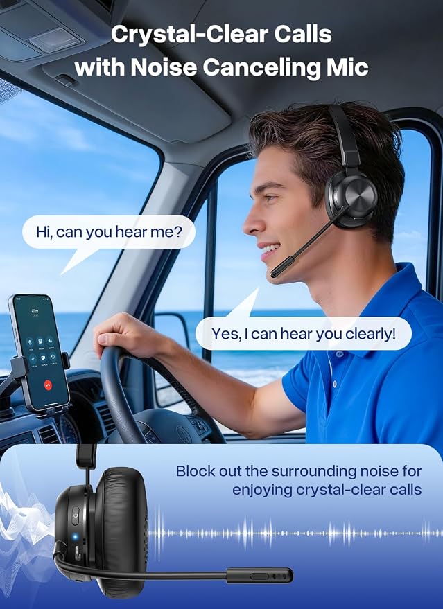 Bluetooth Headset with USB Dongle, Trucker Bluetooth Headset with AI Noise Cancelling Microphone & Mute Button, 50Hrs Single Ear Wireless Headphones for Truck Driver Phone Computer PC Office Work