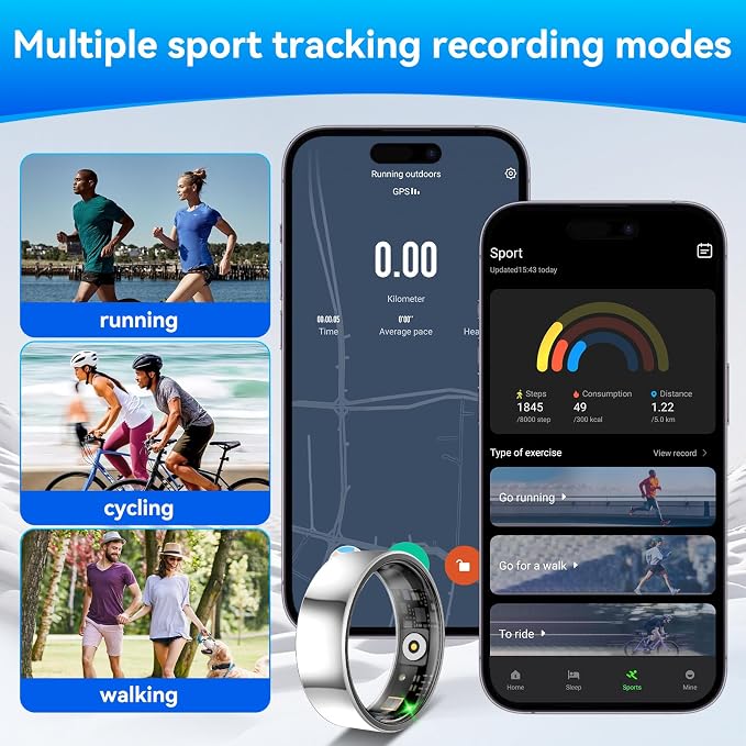 Smart Fitness and Activity Ring for Men and Women - Track Heart Rate Stress Sleep Steps and Blood Oxygen, 10ATM Waterproof Fitness Tracker for iPhone and Android, No Subscription Fee, Size 7
