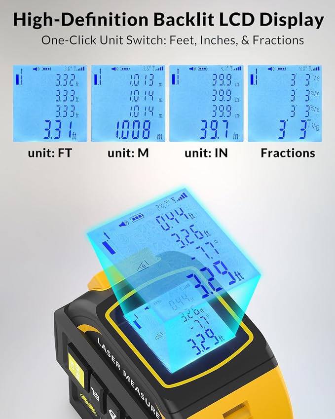 TEPU Laser Tape Measure 4-in-1, 197FT Laser Distance Meter with 16FT Auto-Lock Tape, Cross-Line Laser Level, Dual-Axis Angle, Backlit LCD, Distance/Area/Volume, Pythagorean Theorem & Angle Measurement