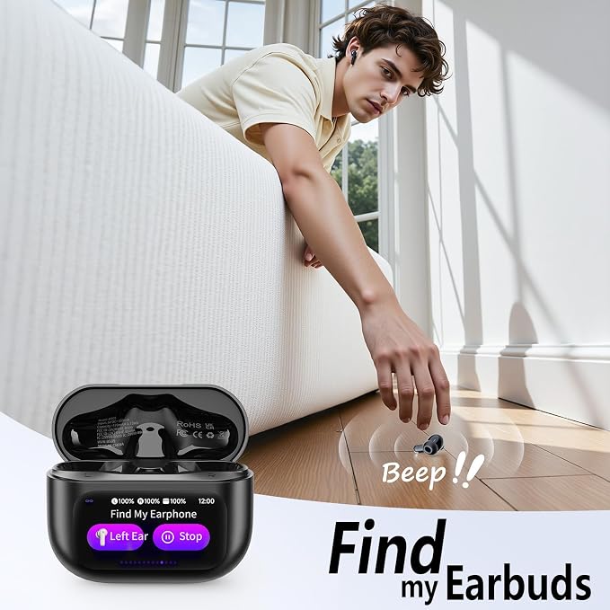 Thunelec Wireless Earbuds with Touch Screen, 2026 New Bluetooth 5.4 Headphones with ANC/ENC Mic, 50H HiFi Stereo Ear Buds with 5 EQ Modes, Transparency Mode, IPX7 Earphones for Running/Fitness, Black