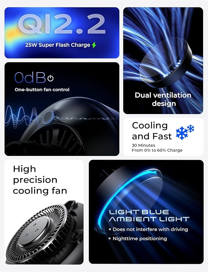 LISEN for Qi2.2 25W MagSafe Car Mount Charger，[Smart Cooling Fan＆95W Fast Adapter] Magnetic Wireless Car Charger, Phone Holders for Your Car Accessories for iPhone 17 Pro Max Air 16 15 14 13 12 | [Smart Cooling Fan] Magsafe Car Mount Charger, [Qi2 25W ...
