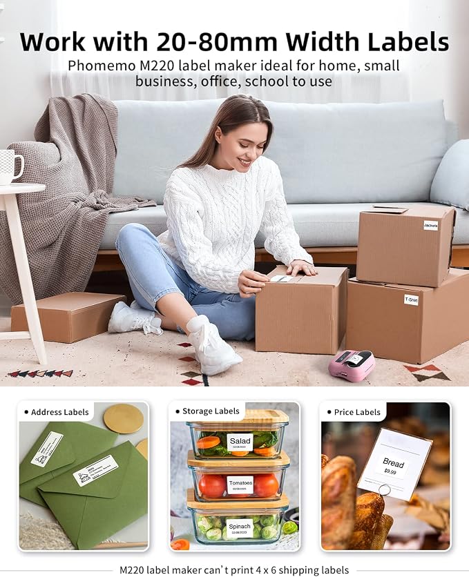 Phomemo M220 Bluetooth Label Maker - Portable Thermal Printer for Small Business Office Home - 1900+ Templates 7900+ Icons - Compatible Phone, PC