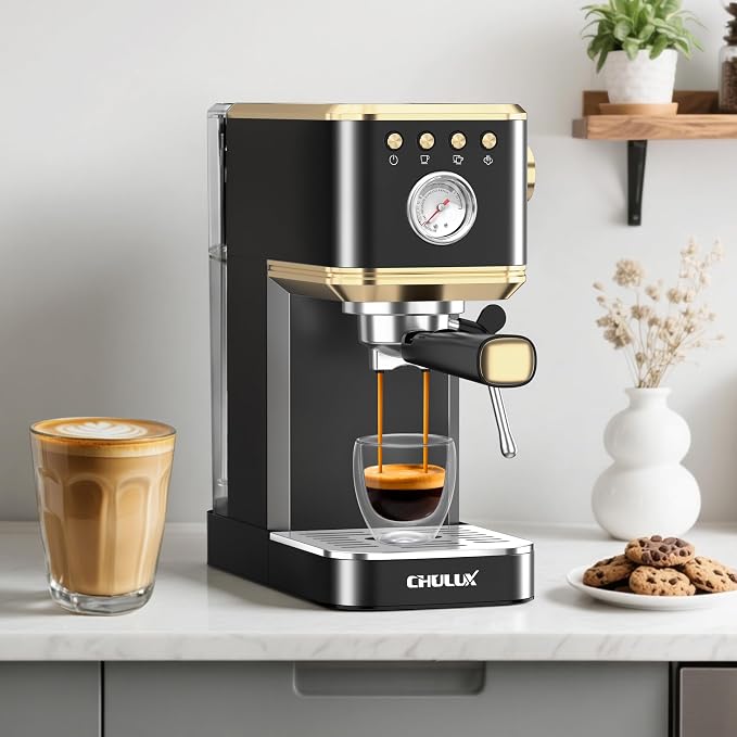 CHULUX Slim Espresso Machine with Milk Frother, 20 Bar Professional Italian Pump Espresso Coffee Machine for Home Cappuccino & Latte Maker, Stainless Steel, Black and Gold
