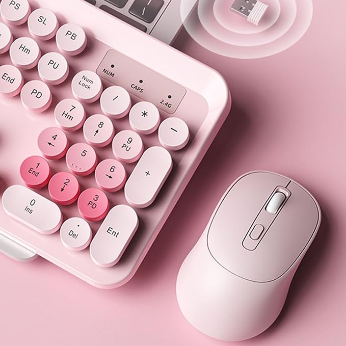 Wireless Keyboard and Mouse Combo, 2.4GHz Plug and Play with Retro Typewriter Style Round Keycaps, 104 Keys with Numeric Pad, for PC Laptop Desktop (Pink)