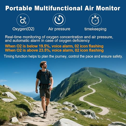 7-in-1 Portable Oxygen Detector for Indoor and Outdoor,288H Standby,O2 Monitor with,O2,Temperature,Humidity,Illumination,Room Oxygen Monitor for Car,RV,Camping,Travel (Gray)