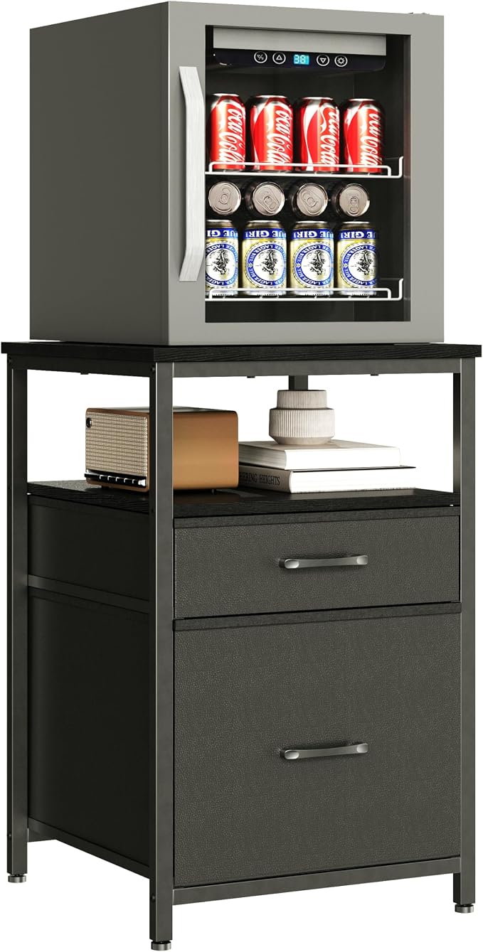 Herture Mini Fridge Stand with 3 Storage, Mini Fridge Cabinet, Beverage Fridge Table, Heavy Duty 18.11" L* 18.11" W Tabletop, for Dorm, Apartment,Office, Bedroom Black HB03BXB