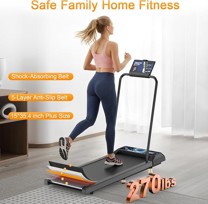 HOELLL Treadmills for Home Small with 0%-8% Incline and APP Sync, Compact Under Desk Walking Treadmill Pad with Handle Bar Removable, Remote Control and LED Display, 2.5HP