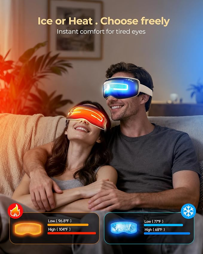Eye Massager with Heat and Cooling, Integrated Smart Sleep Mask with Nose Rest and Soft Silicone Massage Head, 4 Massage Modes for Migraines, Dry Eye, Dark Circles,Bluetooth Music, Gift for Mother