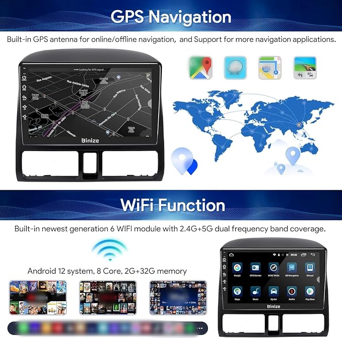 BINIZE Android 13 Car Stereo Radio Compatible with Honda CRV 2002 2003 2004 2005 2006 with Wireless CarPlay Android Auto,Touch Screen Bluetooth Car Radio with GPS WiFi HiFi FM/RDS Backup Camera