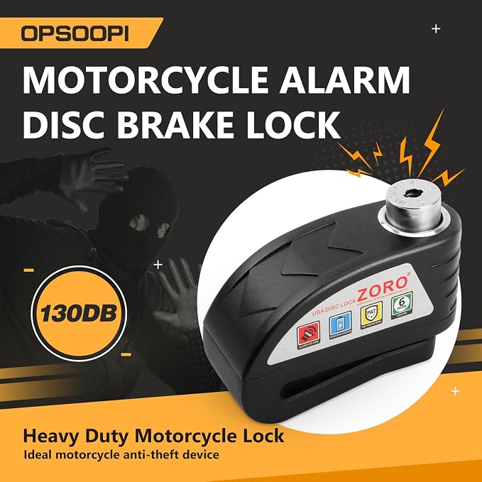 Motorcycle Disc Brake Lock with 130dB Alarm, Anti Theft Security Lock | IP65 Waterproof, Heavy-Duty Metal Construction, Wheel Lock for Motorcycle, Scooter, Moped and Bike, Portable Travel Security