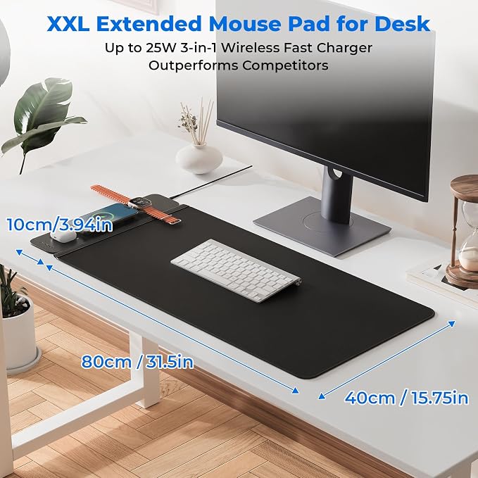 25W Fast Wireless Charging Desk Mat, 2nd Gen 3 in 1 Wireless Charger Mouse Pad, Waterproof Ultra Smooth Non-Slip Gaming Desk Pad, XXL Large 35.43"x15.75" Office Desk Mat