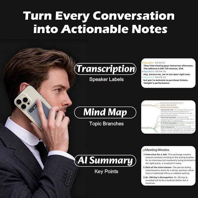 AI Voice Recorder with Transcribe Summarize: AI Noise Reduction Speaker Separation App Control 118 Languages 64GB Storage - AI Notetaker for Students Managers - Meetings Lectures Interviews