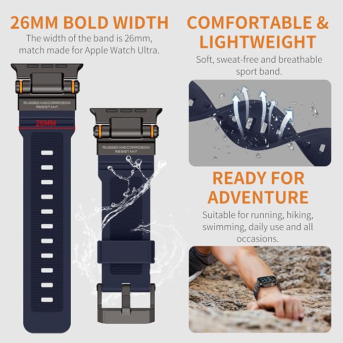 FOAMUNOC Rugged Band Compatible with Apple Watch Ultra 3/2/1 Band 49mm/46mm/45mm/44mm/42mm, Metal Connector with Strap for iWatch Ultra Series 11/10/9/8/7/6/SE3/SE2/SE/5/4/3/2/1, Navy Blue/Black