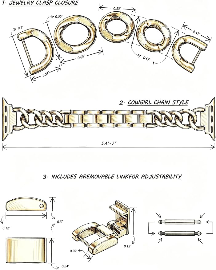 V.R.HOPE Gold Apple Watch Bands for Women, Designer Cowgirl Chain Bracelet Strap Compatible with Apple Watch 38mm 40mm 41mm 42mm, Dressy Stainless Steel Metal Band for iWatch Series11/10/9/8/7/6/5/4/3/2/1/SE3(Gold)