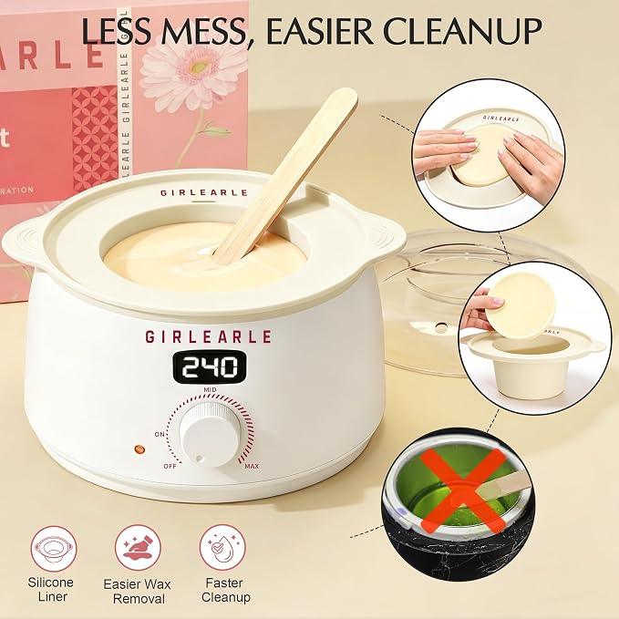 GIRLEARLE White Digital Waxing Kit for Women and Men Sensitive Skin, Wax Warmer Hair Removal at Home with Wax Beads & Silicone Pot, Target Different Types of Brazilian Bikini, Facial, Leg, Full body