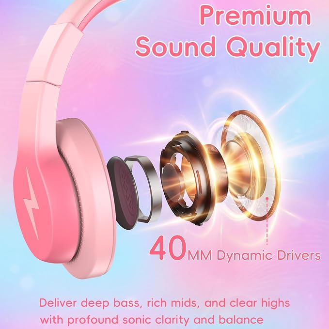 Candy Bila Wired USB C Kids Headphones, 85dB Safe Volume Limit, HD Stereo Sound, Adjustable Headband, Foldable Over-Ear Design for School, Travel, Boys, Girls, iPad, Tablet，Gradient Pink