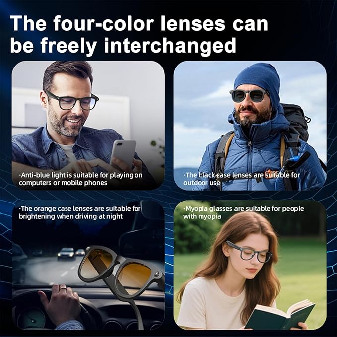 AI Smart Glasses for Men & Women, HD Camera Glasses, Video Recorder, AI Real time Translation, Music Playback, Hands-Free Calls, 4 Color Lenses for Daily Use,Travel