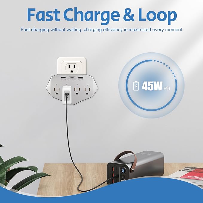 1080P WiFi Wall Outlet Camera with 45W Fast Charging, 4 AC Outlets, USB-C & USB-A Charging Ports, Remote Viewing Security Camera with Loop Recording, No Night Vision