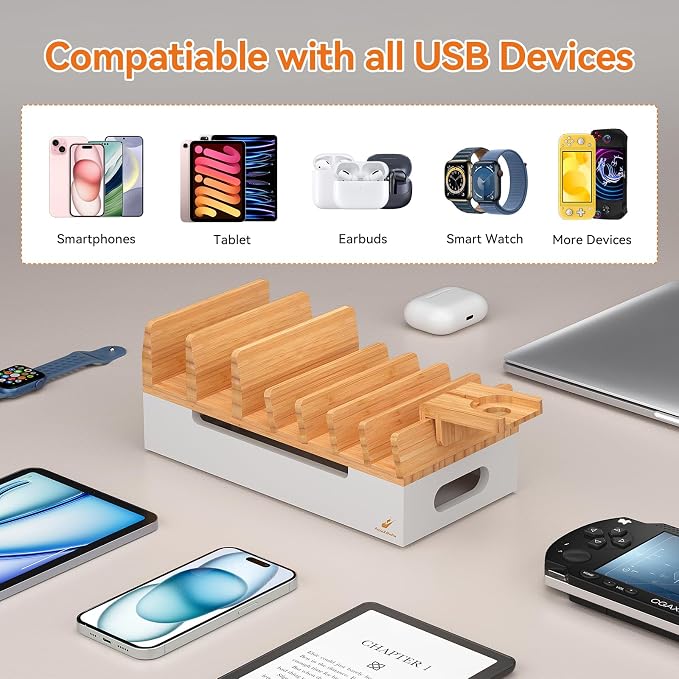 Bamboo Charging Station with Watch Stand, Docking Holder for Multi Device with 5 Charge Cables, Desktop Dock Stations Electronic Organizer for Cellphone, Tablet, Watch(No USB Charger)-Natural + White