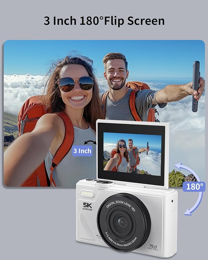 5K Digital Camera for Photography with WiFi, 75MP Ultra HD Vlogging Camera for YouTube with 3" 180° Flip Screen,18X Zoom Autofocus Compact Cameras for Beginners Teens with 64GB SD Card.
