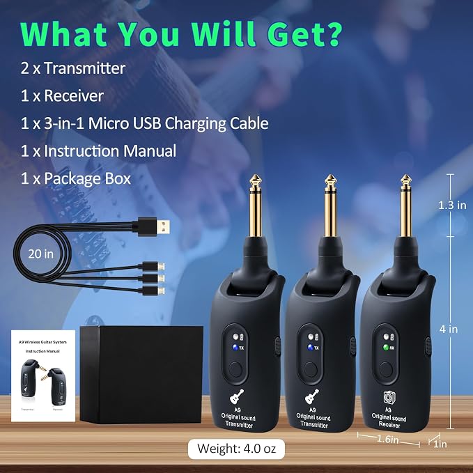 A9 Wireless Guitar System 2.4GHz Wireless Guitar Transmitter and Receiver, Rechargeable,4 Channels, 100FT/30m Range,270° Rotatable Plug,for Electric Guitar Bass (Black(2TX+1RX))