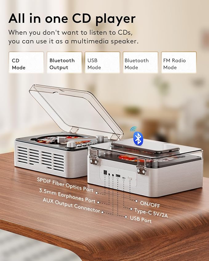 CARONSORT CD Player with Bluetooth Transmitter, Nostalgic Retro Wood Music Player, Built-in Speakers-Bass Boost, FM Radio for Home/Wired&Remote Control-White