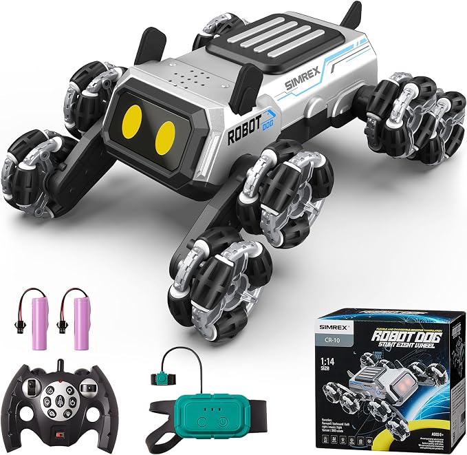 SIMREX Robot Dog RC Stunt Car Toys - Gesture Sensing Remote Control car with Mecanum Wheels, LED Eyes, 3 Sound Effects, Birthday Gift for Kids Boys Girls