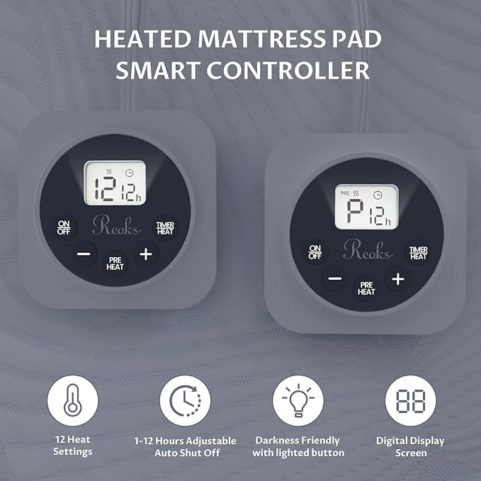 Queen Size Electric Heated Mattress Pad - Bed Warmer with Memory & Preheat Functions, 12 Heat Settings Dual Control for 1-12 Hours Auto Off, Lighted Button